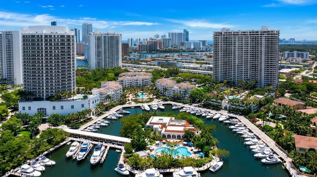 Apartment towers beside a marina with yachts, pools and canals