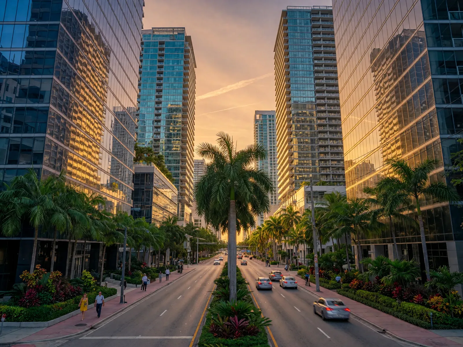 A Brickell avenue with palm trees in the median and glass towers on both sides at sunset