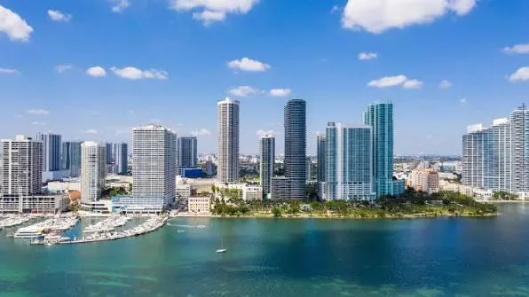 A row of apartment towers on Biscayne Bay, with a marina on the left and a tree-lined park on the right