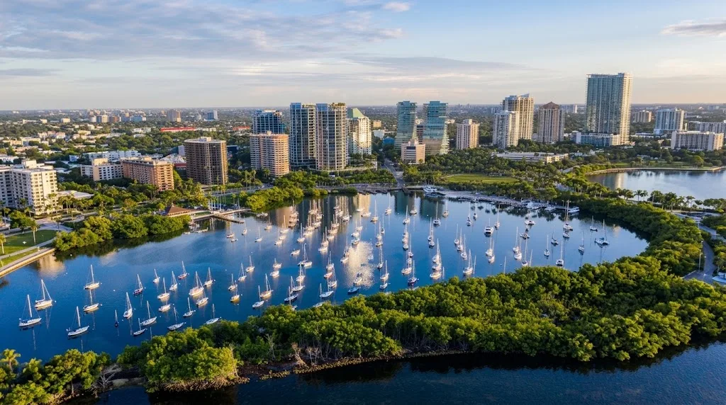 Aerial view of a marina full of sailboats in the bay, surrounded by mangroves with towers in the background