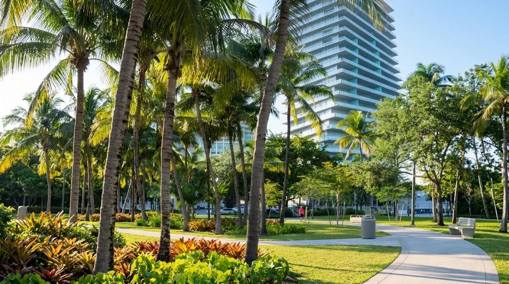 A park with palm trees, lawns and a footpath, with an apartment tower in the background