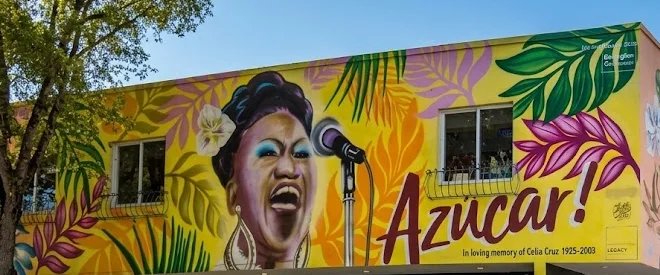 A colorful mural with a portrait of a singer at a microphone, surrounded by tropical leaves, and the word Azúcar