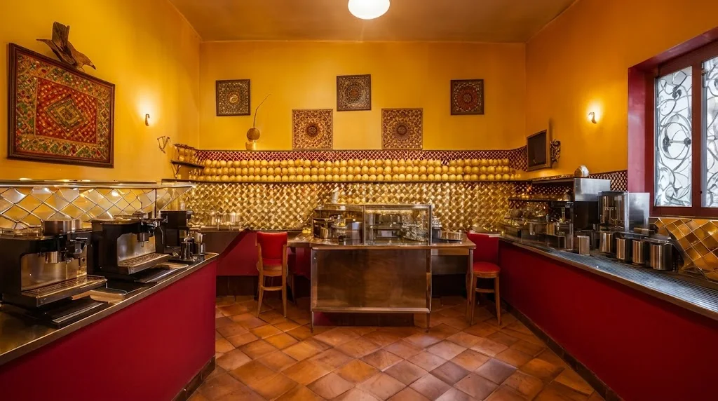 Interior of a café with yellow walls, a red counter and steel espresso machines