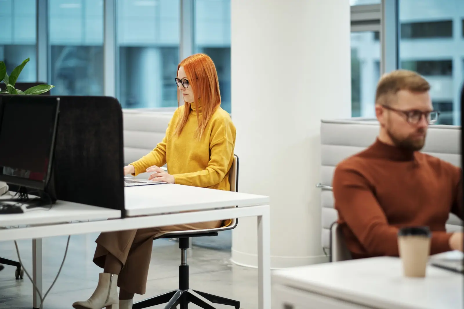 Two professionals working at their computers in a bright office