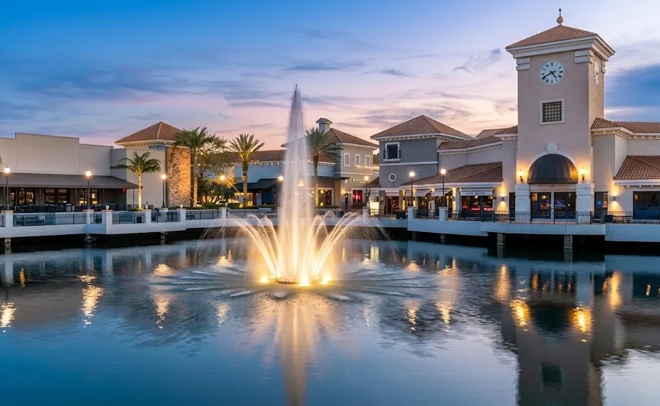 A Mediterranean-style open-air shopping center with a lit fountain in a lake at dusk