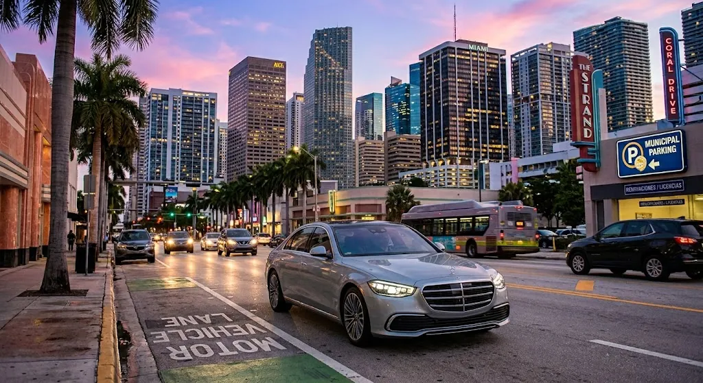 A downtown Miami street at dusk, with cars driving between high-rises and palm trees