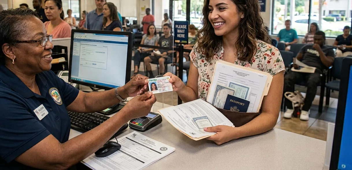 A clerk hands a driver license to an applicant holding a folder of documents at a driver license office