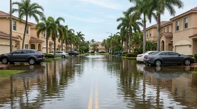 A flooded residential street between two-story houses and palm trees, with cars parked by the water
