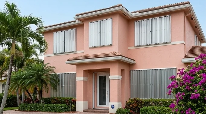 A pink two-story house with closed metal hurricane shutters over every window