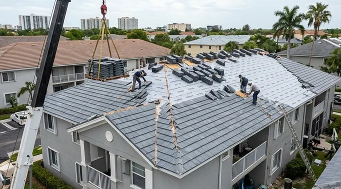 Workers laying new tiles on a house roof, with a crane and palm trees around
