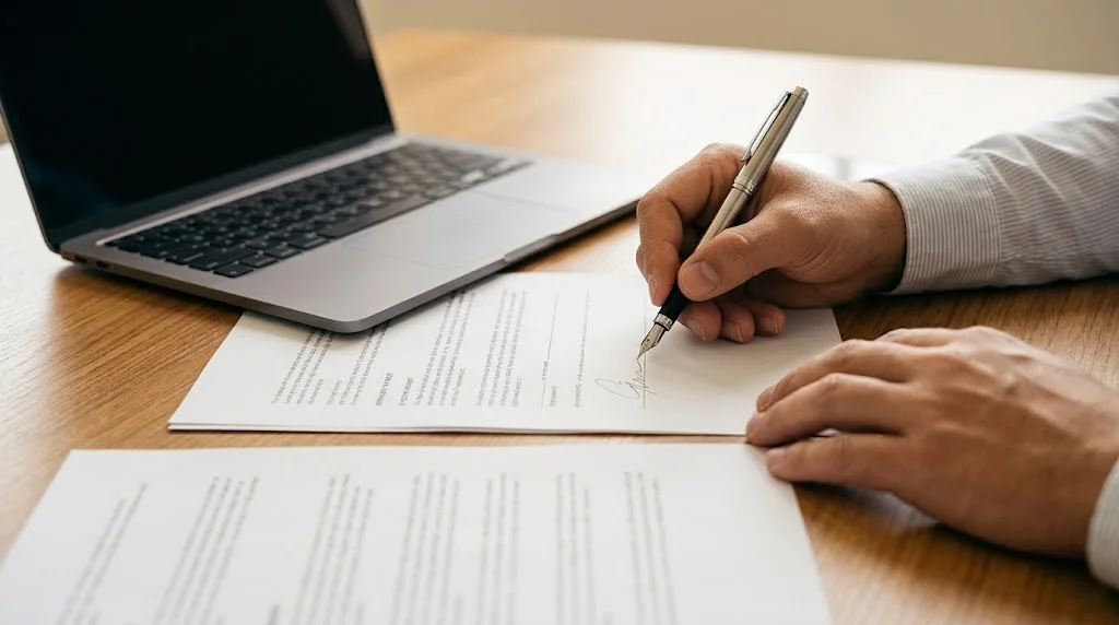 A hand signing a document on a wooden desk, next to a laptop