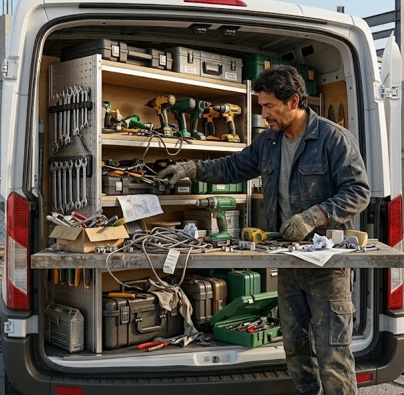 A gloved worker arranging tools in the back of a van, next to a construction site