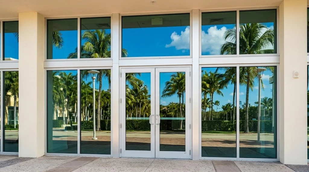 Glass storefront of a commercial space with double doors, reflecting palm trees and a blue sky