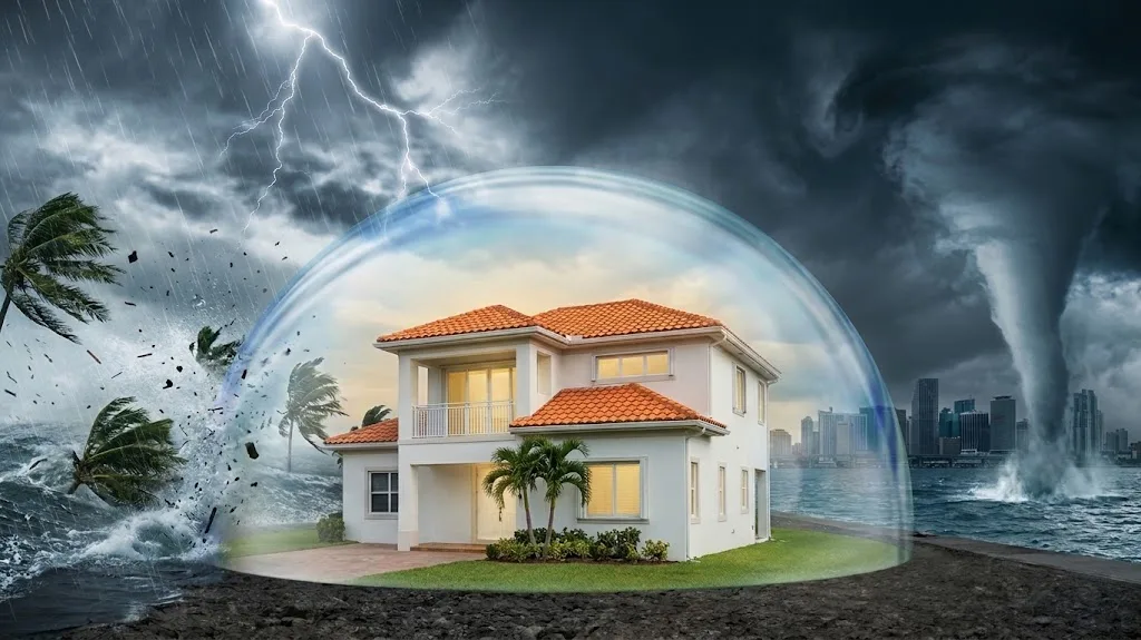 Illustration of a white house with a tile roof protected by a clear dome while a hurricane batters the Miami coast