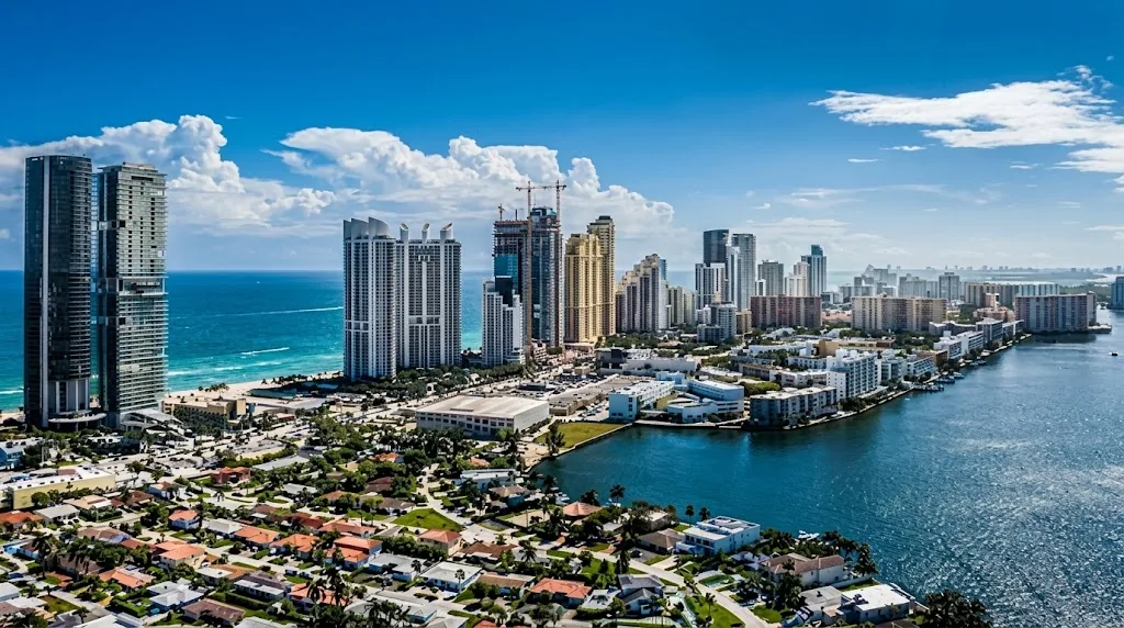 Aerial view of towers by the sea, with low-rise homes and a canal in the foreground